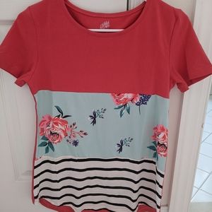 Pink and Aqua Floral Stripe T-Shirt - Sz Small